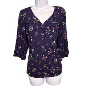 Skies Are Blue Floral Blouse Womens 2X Navy Bloomcore Flowy Feminine Soft Girl